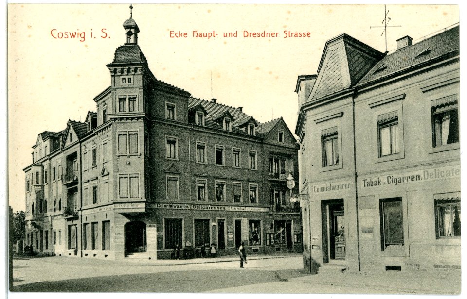 09719-Coswig-1908-Ecke Hauptstraße und Dresdner Straße-Brück & Sohn Kunstverlag