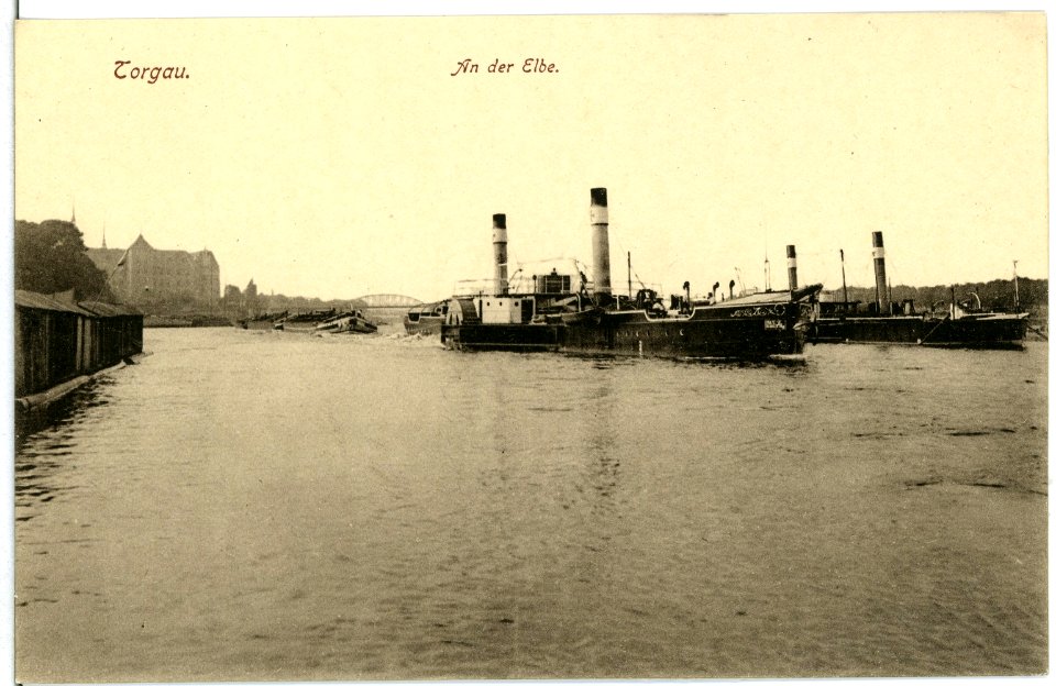 10102-Torgau-1908-Elbe mit Schleppzügen-Brück & Sohn Kunstverlag
