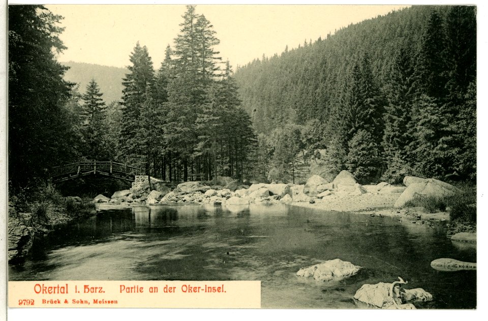 09792-Okertal-1908-Brücke an der Oker Insel-Brück & Sohn Kunstverlag