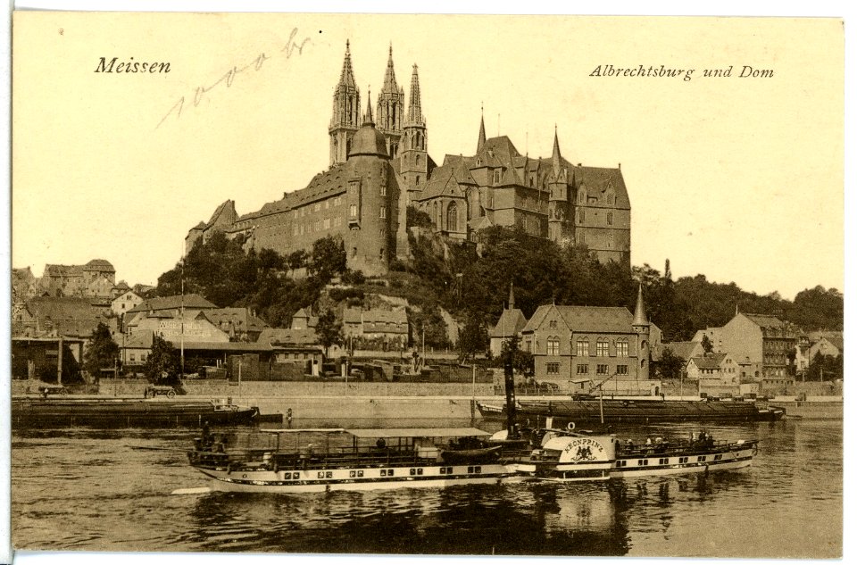 12059-Meißen-1910-Albrechtsburg und Dom - Elbe mit Dampfer Kronprinz-Brück & Sohn Kunstverlag