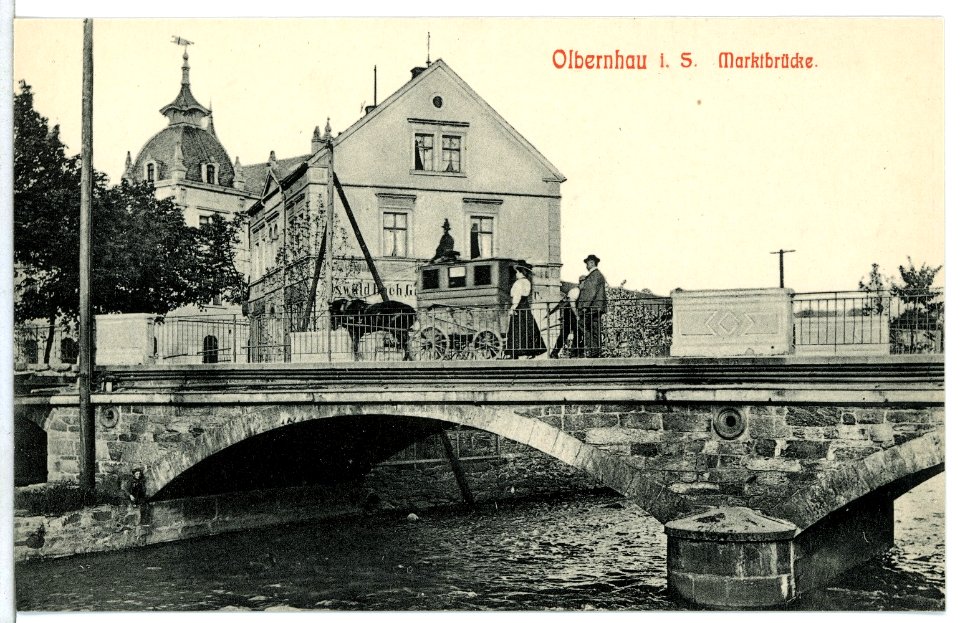 12072-Olbernhau-1910-Marktbrücke mit Postkutsche-Brück & Sohn Kunstverlag