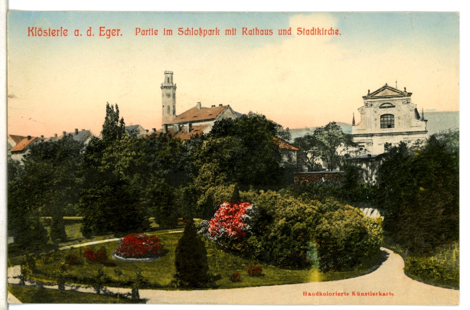 09944-Klösterle-1908-Schloßpark mit Rathaus und Stadtkirche-Brück & Sohn Kunstverlag