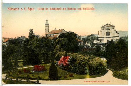 09944-Klösterle-1908-Schloßpark mit Rathaus und Stadtkirche-Brück & Sohn Kunstverlag