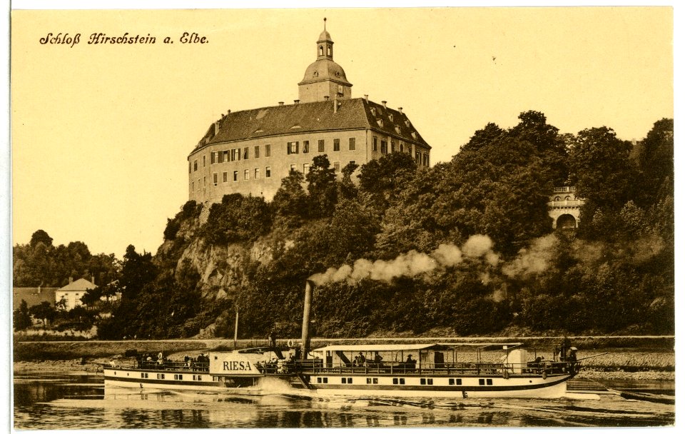 10065-Hirschstein-1908-Schloß mit Elbe und Dampfer Riesa-Brück & Sohn Kunstverlag