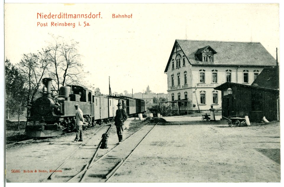 09586-Niederdittmannsdorf-1908-Bahnhof mit Personenzug-Brück & Sohn Kunstverlag