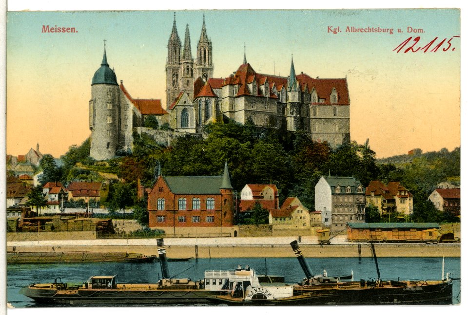 12115-Meißen-1910-Albrechtsburg, Dom, Loge, Elbe mit Schlepper Kanzler-Brück & Sohn Kunstverlag