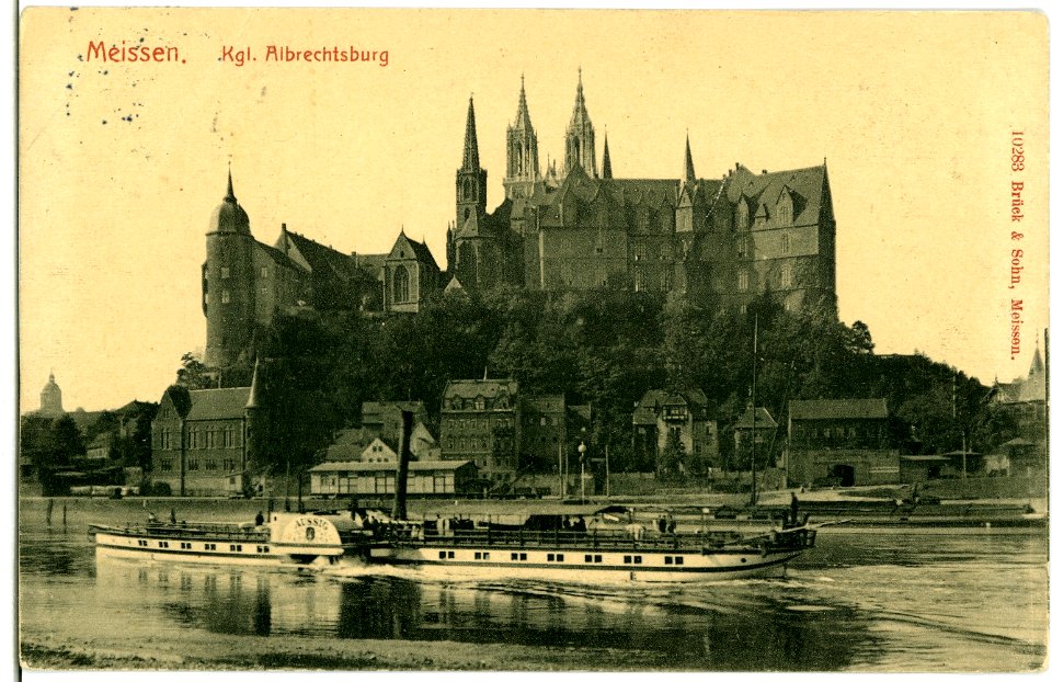 10283-Meißen-1908-Albrechtsburg mit Elbe und Dampfer Aussig-Brück & Sohn Kunstverlag