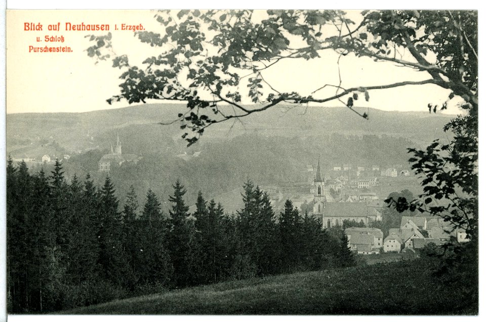 12037-Neuhausen-1910-Blick auf Neuhausen und Schloß Purschenstein-Brück & Sohn Kunstverlag