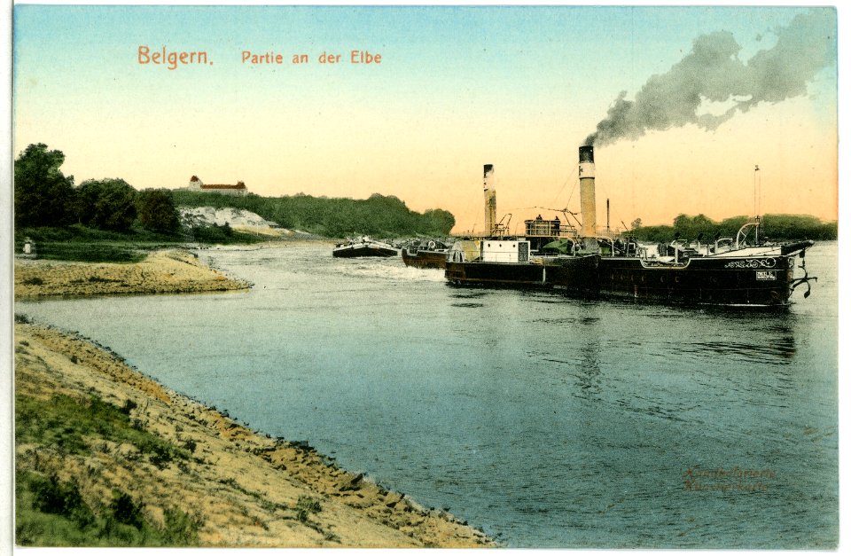 10054-Belgern-1908-Blick auf die Elbe mit Schleppzug-Brück & Sohn Kunstverlag