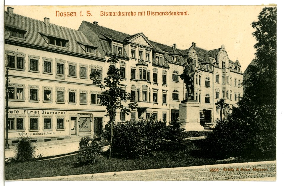09896-Nossen-1908-Bismarckstraße mit Bismarckdenkmal-Brück & Sohn Kunstverlag