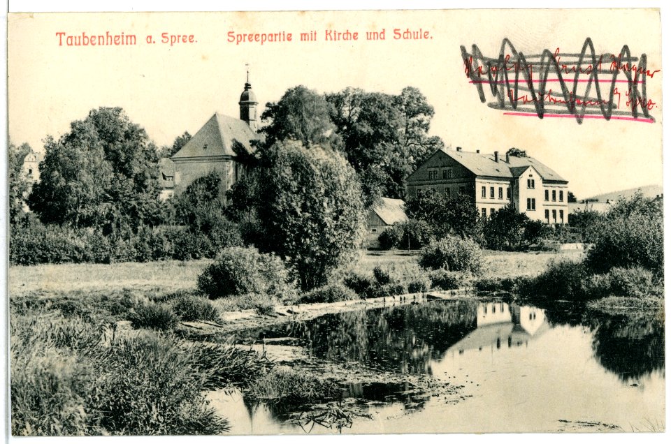 11755-Taubenheim-1910-Kirche und Schule mit Spree-Brück & Sohn Kunstverlag