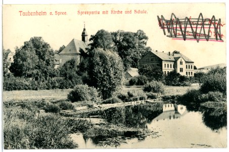 11755-Taubenheim-1910-Kirche und Schule mit Spree-Brück & Sohn Kunstverlag