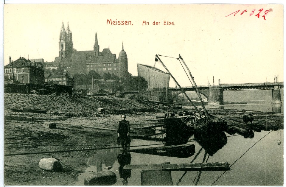 10322-Meißen-1908-Fischerboote an der Elbe, Brücke und Burgberg-Brück & Sohn Kunstverlag