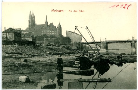 10322-Meißen-1908-Fischerboote an der Elbe, Brücke und Burgberg-Brück & Sohn Kunstverlag