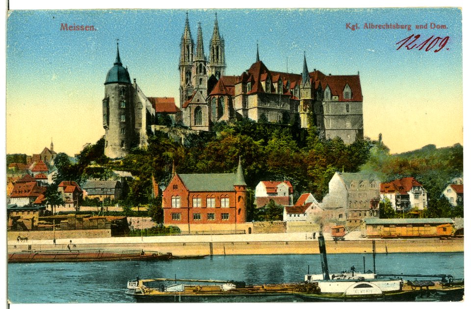 12109-Meißen-1910-Albrechtsburg und Dom, Loge, Elbe mit Schlepper-Brück & Sohn Kunstverlag