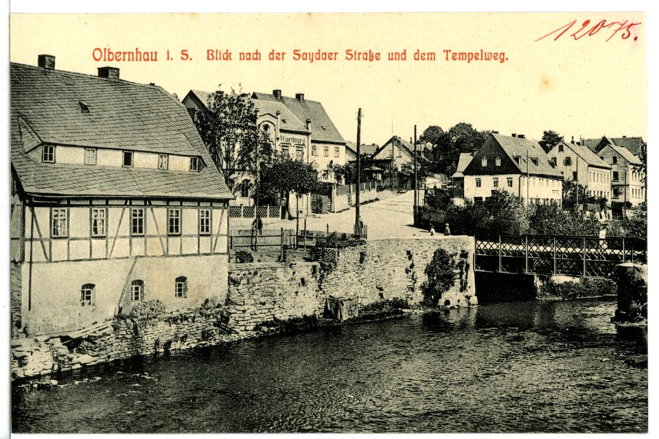 12075-Olbernhau-1910-Flöha mit Brücke - Saydaer Straße und Tempelweg-Brück & Sohn Kunstverlag
