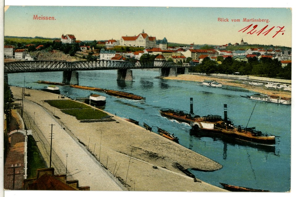 12117-Meißen-1910-vom Martinsberg, Anlegestelle, Elbe, Brücke-Brück & Sohn Kunstverlag