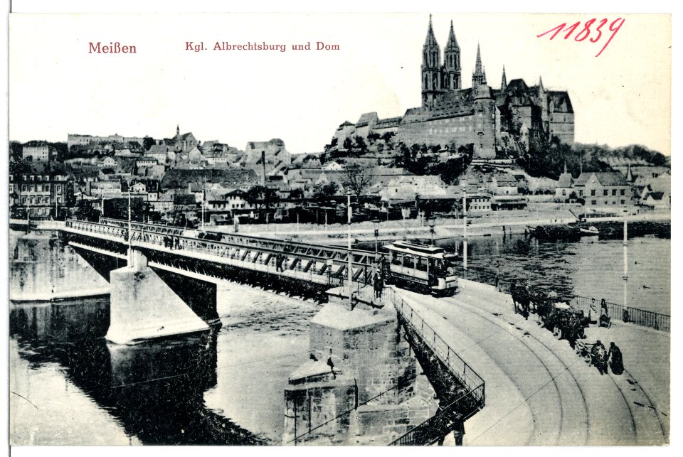 11839-Meißen-1910-Albrechtsburg und Dom - Brücke mit Straßenbahn-Brück & Sohn Kunstverlag