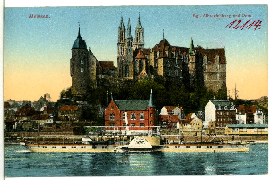 12114-Meißen-1910-Albrechtsburg, Dom, Loge, Elbe mit Dampfer Karlsbad-Brück & Sohn Kunstverlag