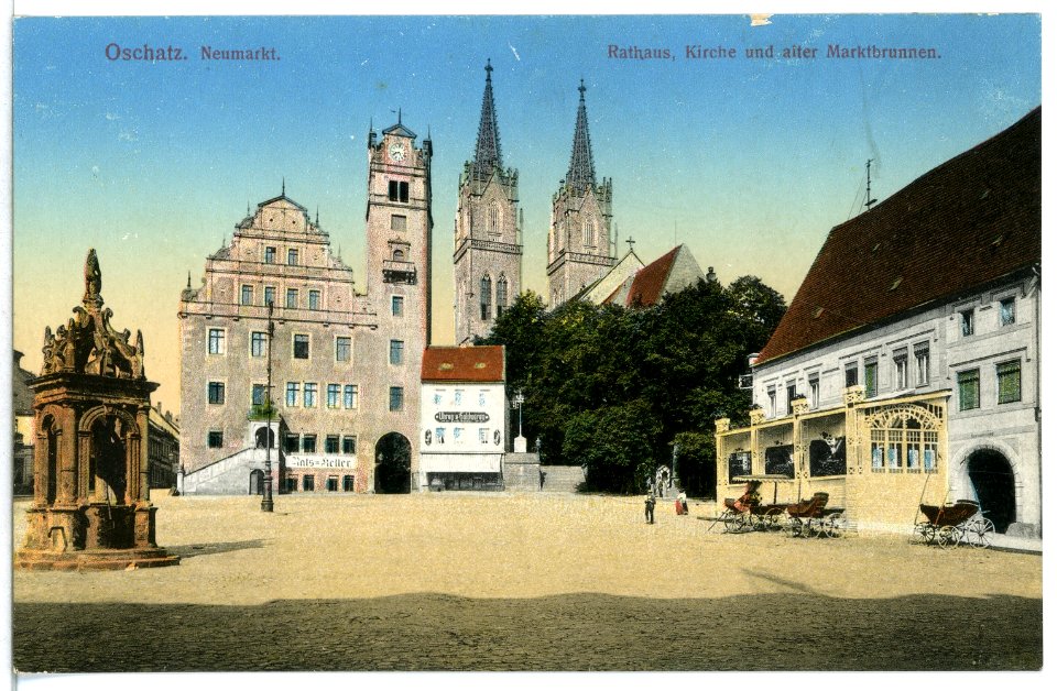 12756-Oschatz-1911-Neumarkt - Rathaus, Kirche, alter Marktbrunnen-Brück & Sohn Kunstverlag