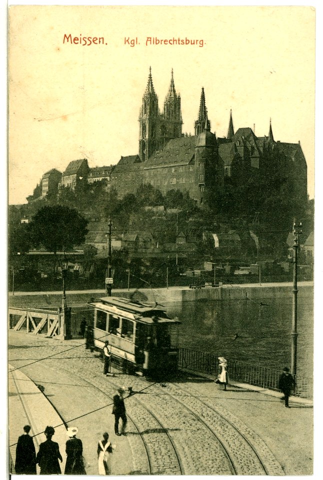 10327-Meißen-1908-Albrechtsburg - Elbbrücke mit Straßenbahn-Brück & Sohn Kunstverlag