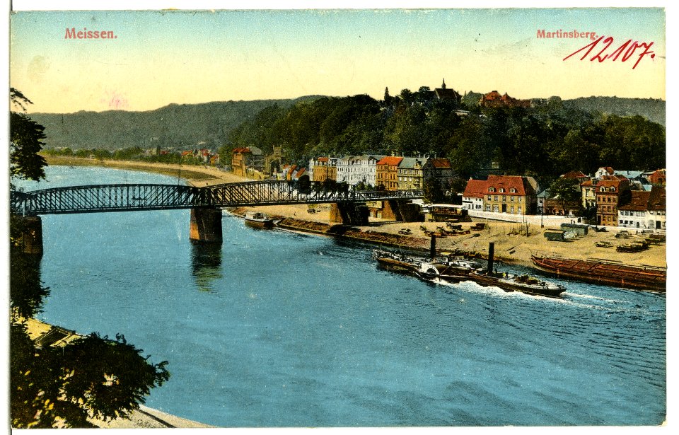 12107-Meißen-1910-Martinsberg, Elbbrücke, Elbe mit Schlepper-Brück & Sohn Kunstverlag
