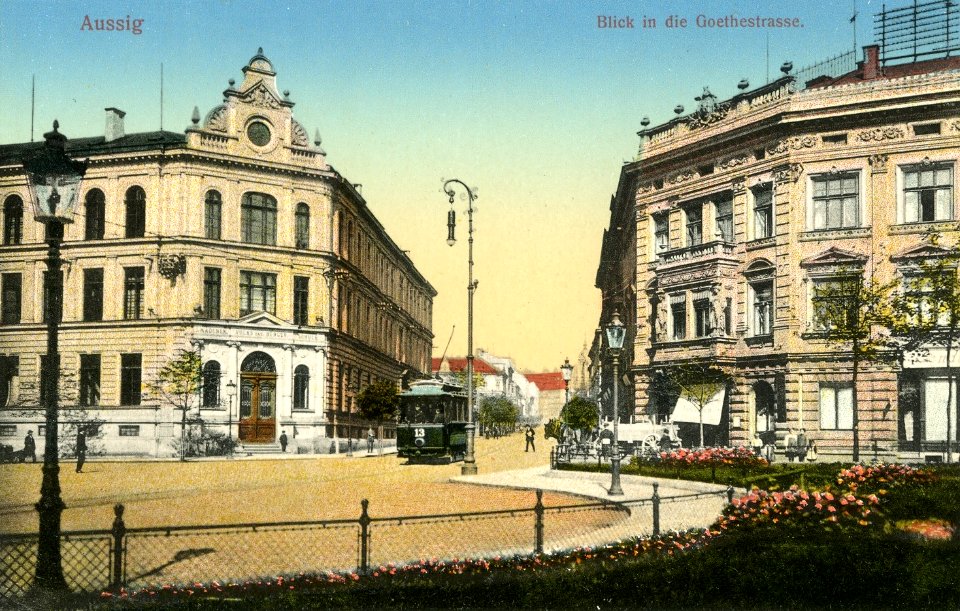 12762-Aussig-1911-Goethestraße mit Straßenbahn-Brück & Sohn Kunstverlag (cropped)