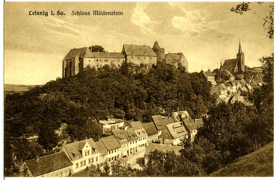 10277-Leisnig-1908-Schloß Mildenstein mit Blick auf die Stadt-Brück & Sohn Kunstverlag