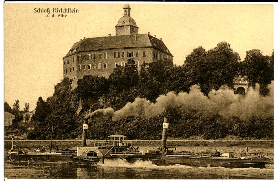 10064-Hirschstein-1908-Schloß mit Elbe und Schlepper-Brück & Sohn Kunstverlag