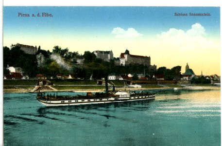 11799-Pirna-1910-Sonnenstein - Elbe mit Dampfer Bastei-Brück & Sohn Kunstverlag