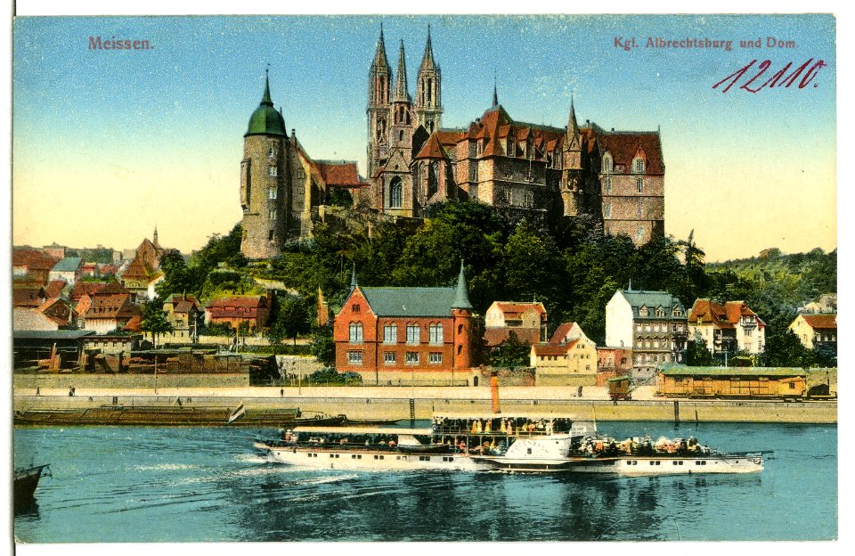 12110-Meißen-1910-Albrechtsburg, Dom, Loge, Elbe mit Dampfer Bodenbach-Brück & Sohn Kunstverlag