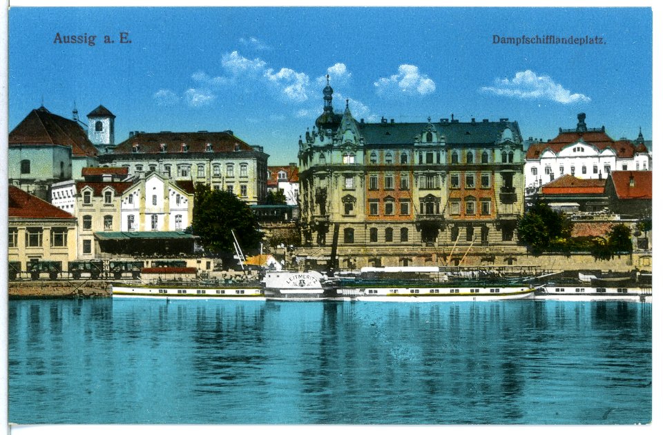 12637-Aussig-1911-Dampfschifflandeplatz mit Dampfer Leitmeritz-Brück & Sohn Kunstverlag