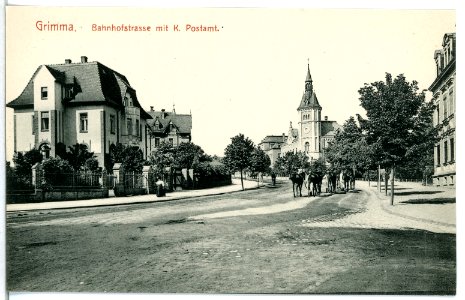 12329-Grimma-1910-Bahnhofstraße mit Postamt-Brück & Sohn Kunstverlag