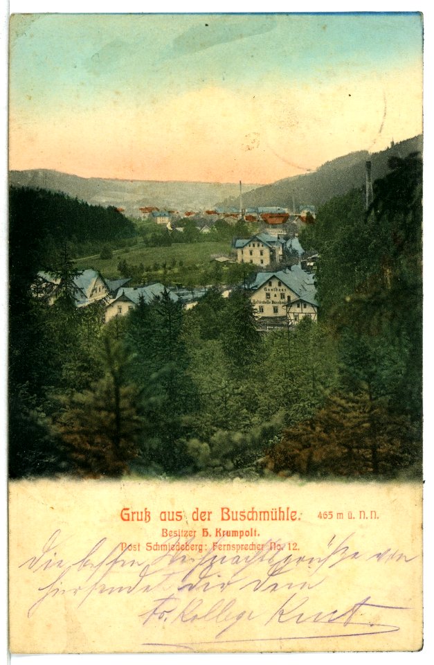12668-Buschmühle-1911-Blick auf Buschmühle-Erzgebirge in Schmiedeberg-Brück & Sohn Kunstverlag