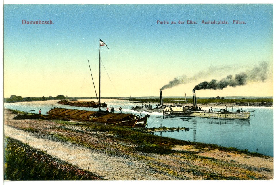12313-Dommitzsch-1910-Elbe - Ausladeplatz - Schleppzug-Brück & Sohn Kunstverlag