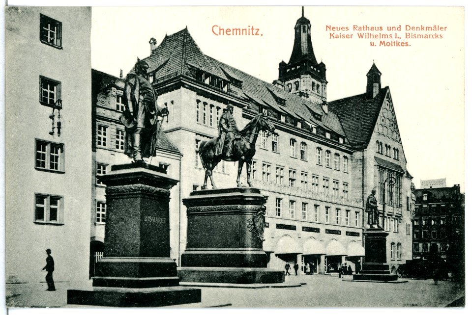 12765-Chemnitz-1911-Neues Rathaus und Denkm. Kais. Wilhelms und Bismarcks-Brück & Sohn Kunstverlag