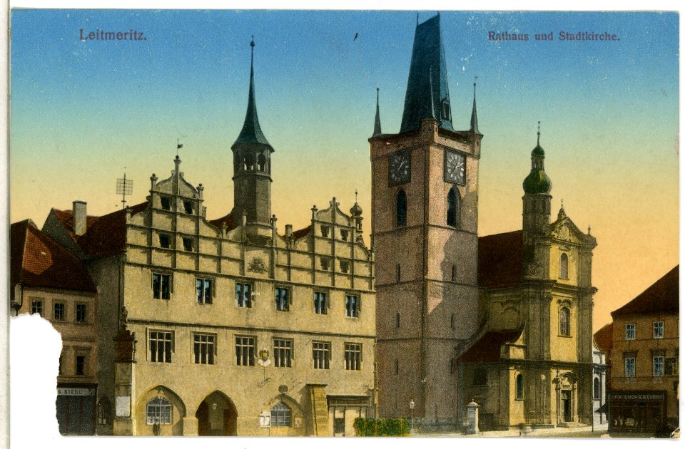 12748-Leitmeritz-1911-Rathaus und Stadtkirche-Brück & Sohn Kunstverlag