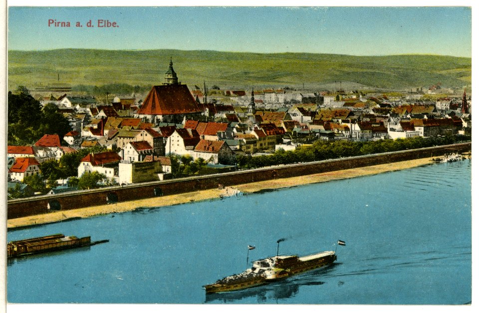 12221-Pirna-1910-Blick auf Pirna - Elbe mit Dampfer, Kirche-Brück & Sohn Kunstverlag