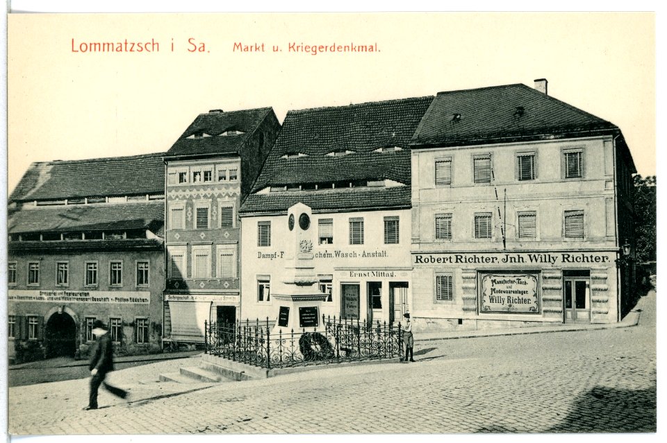 12734-Lommatzsch-1911-Markt mit Kriegerdenkmal-Brück & Sohn Kunstverlag