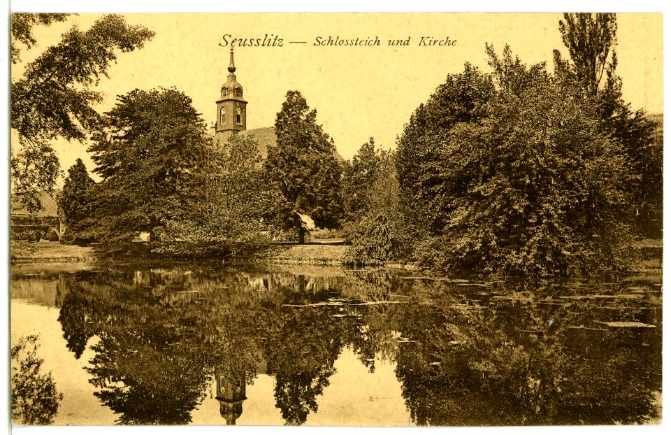 12101-Seußlitz-1910-Schloßteich und Kirche-Brück & Sohn Kunstverlag