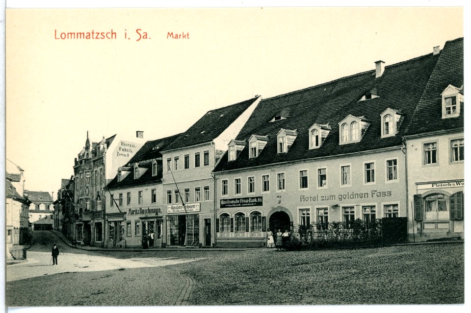 12733-Lommatzsch-1911-Markt mit Hotel zum goldnen Faß-Brück & Sohn Kunstverlag