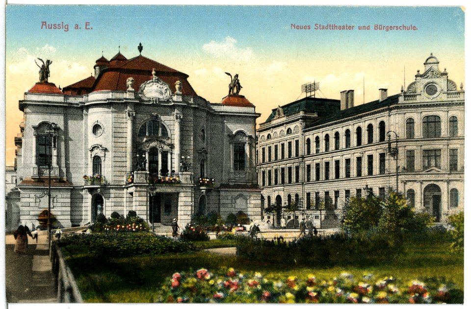12638-Aussig-1911-Neues Stadttheater und Bürgerschule-Brück & Sohn Kunstverlag