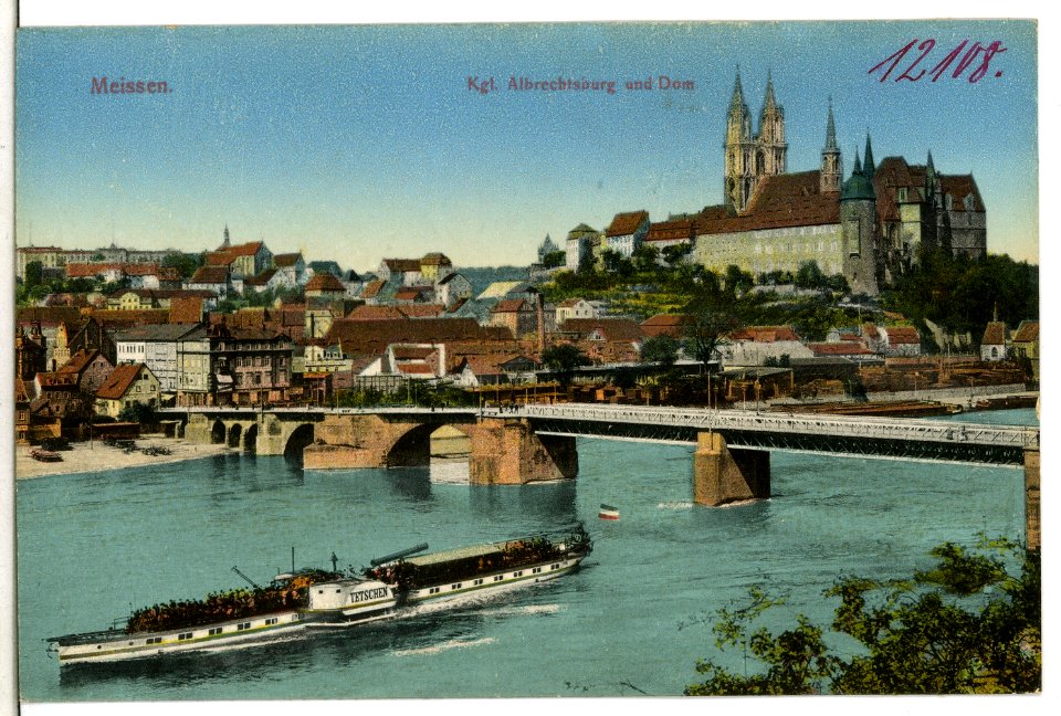 12108-Meißen-1910-Blick auf Burgberg, Altstadt, Brücke, Dampfer Tetschen-Brück & Sohn Kunstverlag