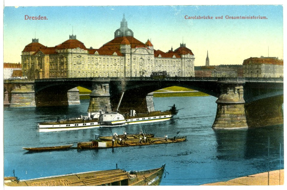 12233-Dresden-1910-Gesamtministerium, Carolabrücke, Dampfer Kaiser Franz Josef-Brück & Sohn Kunstverlag