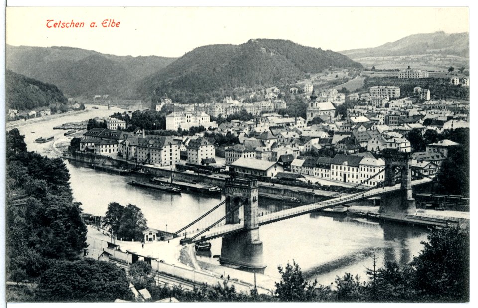 11825-Tetschen-1910-Blick auf Tetschen, Elbe mit brücke-Brück & Sohn Kunstverlag