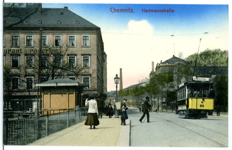 12143-Chemnitz-1910-Hartmannstraße mit Straßenbahn-Brück & Sohn Kunstverlag