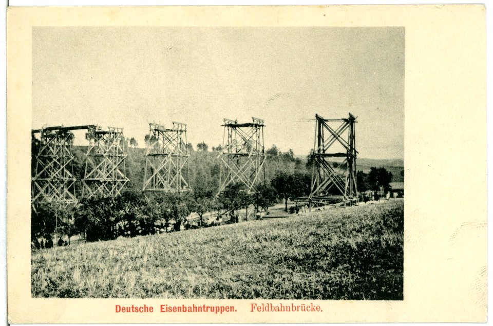 11097-Luga-1910-Deutsche Eisenbahntruppen - Bau einer Feldbahnbrücke-Brück & Sohn Kunstverlag