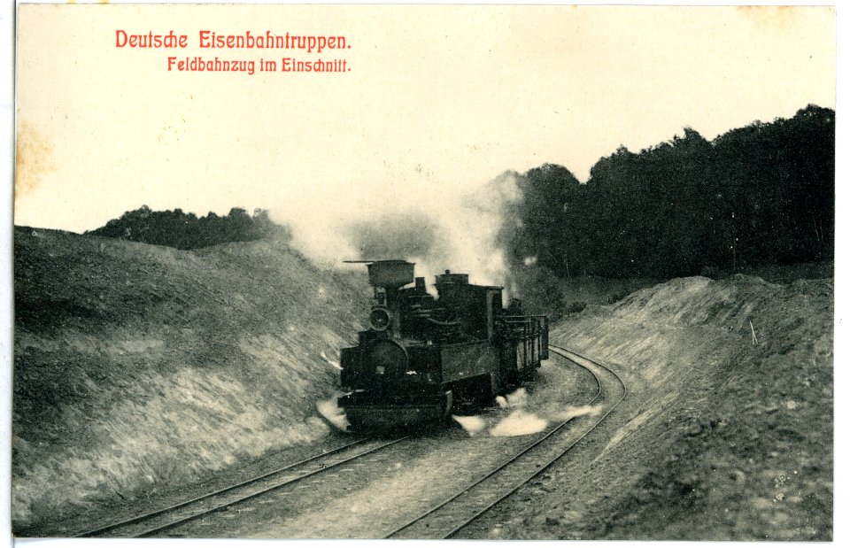 11411-Luga-1910-Deutsche Eisenbahntruppen - Feldbahnzug im Einschnitt-Brück & Sohn Kunstverlag