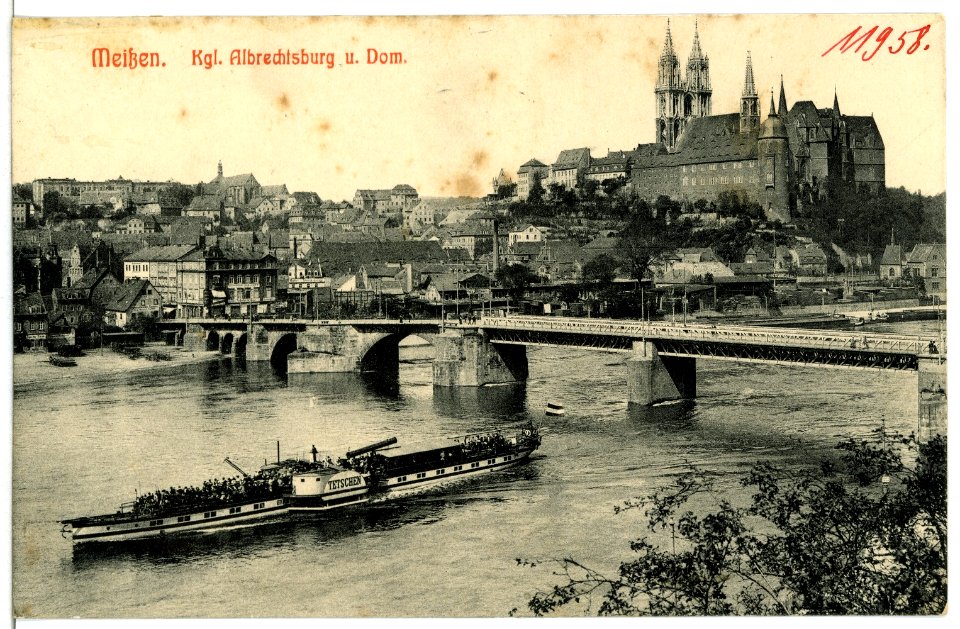 11958-Meißen-1910-Albrechtsburg, Elbbrücke, Elbe mit Dampfer Tetschen-Brück & Sohn Kunstverlag