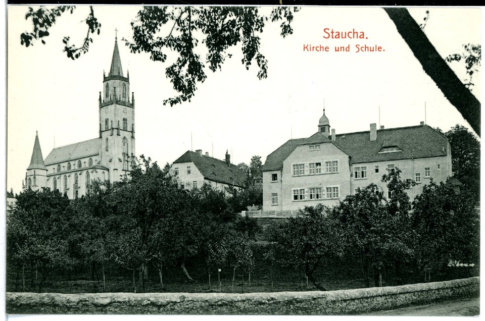 11388-Staucha-1910-Kirche und Schule-Brück & Sohn Kunstverlag
